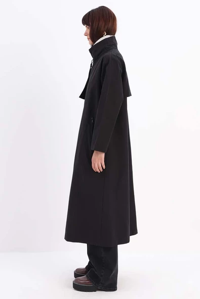 Siyah-RÜZGARLIKLI FERMUARLI TRENÇKOT - Resim 3