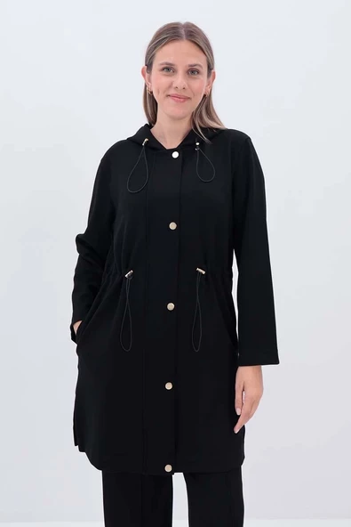 Siyah-Kapüşonlu Belden Kanallı Hırka