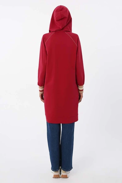 Bordo-Çizgili Ribanalı Ve Renkli Çıtçıtlı Kapüşonlu Likralı Hırka - 4