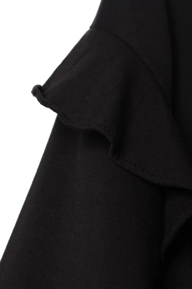 Siyah-Omuz Volanlı Kapüşonlu Fermuarlı Likralı Hırka - 6