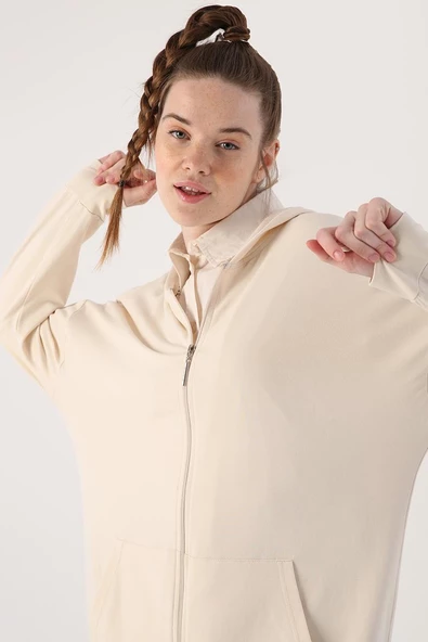 Ekru-Fermuarlı Sweat Hırka - 5