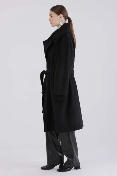 Siyah-Oversize Kuşaklı Kaşe Kaban - 3