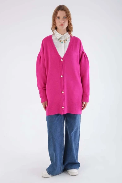 Fuşya-V Yaka Kalpli Düğmeli Triko Hırka - 2