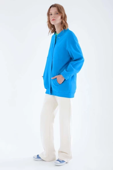 Mavi-Çıtçıtlı Fermuarlı Şardonlu Hırka - 3