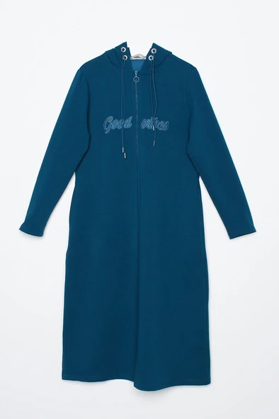 Açık Petrol-Aplike Nakışlı Çift Kordonlu Kapüşonlu Hırka - Resim 6