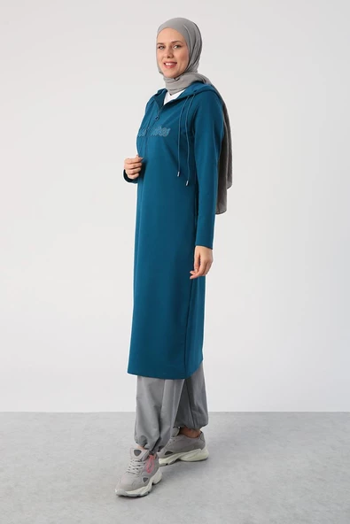 Açık Petrol-Aplike Nakışlı Çift Kordonlu Kapüşonlu Hırka - Resim 3