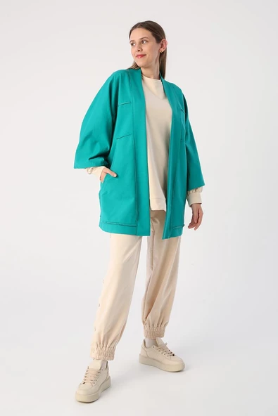 Zümrüt-Yarasa Kollu Likralı Oversize Kimono - 3