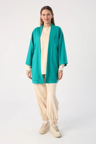Zümrüt-Yarasa Kollu Likralı Oversize Kimono - 2