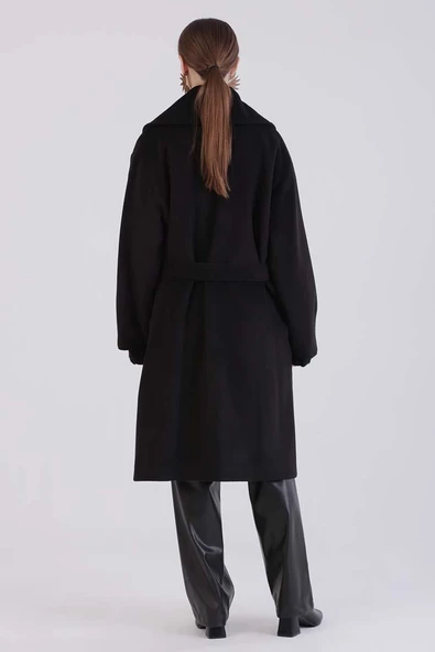 Siyah-Oversize Kuşaklı Kaşe Kaban - 4