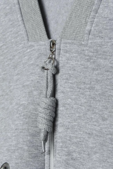 Gri Melanj-V Yaka Kuşgözü Detaylı Şardonlu Fermuarlı Hırka - Resim 7