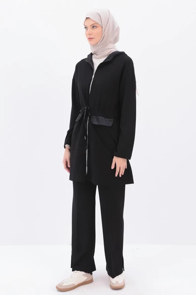 Siyah-Saten Garnili Kapüşonlu Hırka - 3
