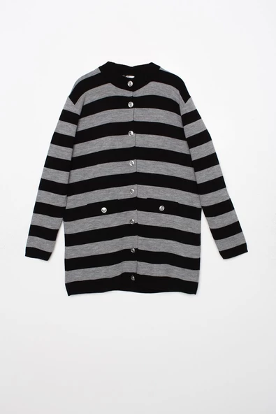 Siyah-Gri-Çizgili Fitilli Yaka Düğmeli Hırka - 6