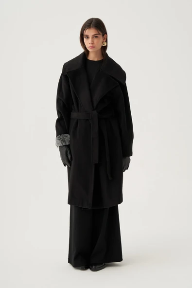 Siyah-Oversize Kuşaklı Kaşe Kaban ürün görseli 1