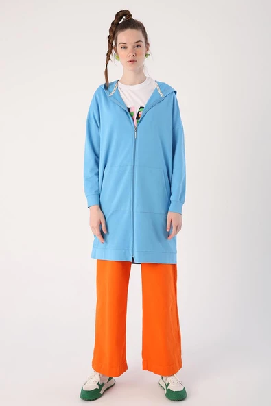 Mavi-Fermuarlı Sweat Hırka - 2