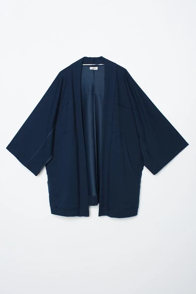 Koyu İndigo-Yarasa Kollu Likralı Oversize Kimono - 6