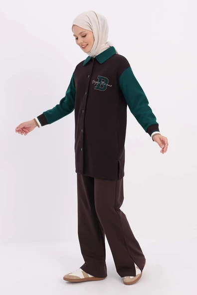 Acı Kahve-İki Renkli Nakışlı Düğmeli Rahat Hırka - 3