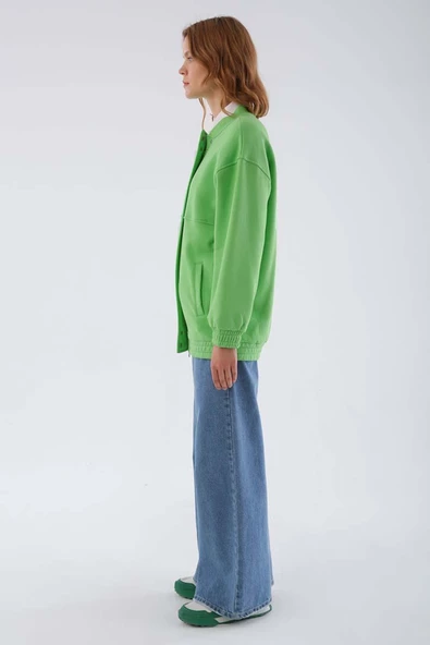 Neon Yeşil-Çıtçıtlı Fermuarlı Şardonlu Hırka - 2