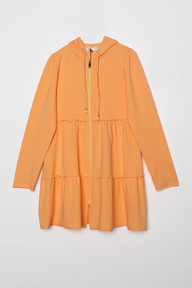 Somon-Fırfırlı Neon Detaylı Kapüşonlu Örme Hırka - 5