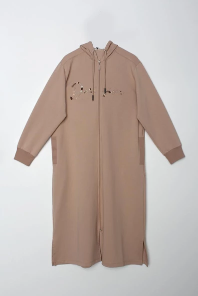 Bej-Decigive Nakışlı Likralı Uzun Hırka - 6