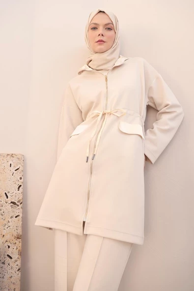 Açık Bej-Saten Garnili Kapüşonlu Hırka - Resim 5