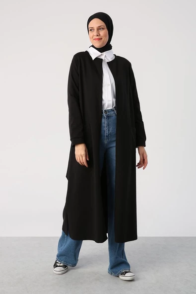 Siyah-Kuşaklı Cepli Bisiklet Yaka Likralı Uzun Hırka - Resim 2