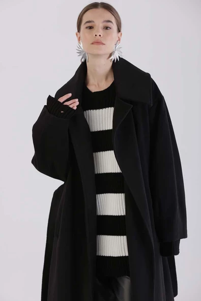 Siyah-Oversize Kuşaklı Kaşe Kaban - 5