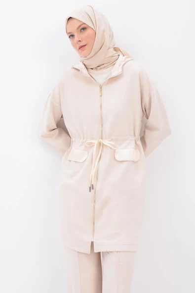 Açık Bej-Saten Garnili Kapüşonlu Hırka - Resim 2