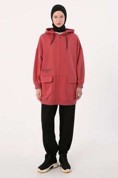 Gül-Cepli Kapüşonlu Oversize Sweat Hırka - 2