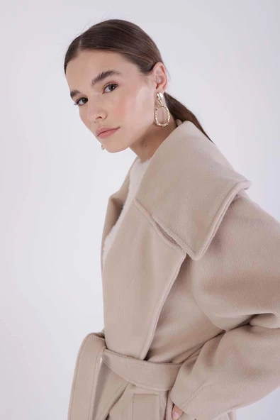 Bej-Oversize Kuşaklı Kaşe Kaban - 6