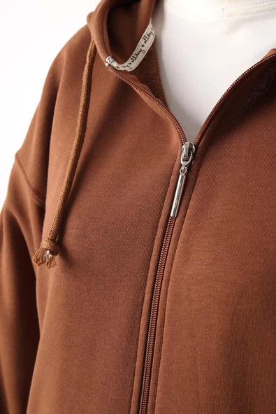 Açık Kahve-Kanguru Cepli Oversize Sweat Hırka - 6