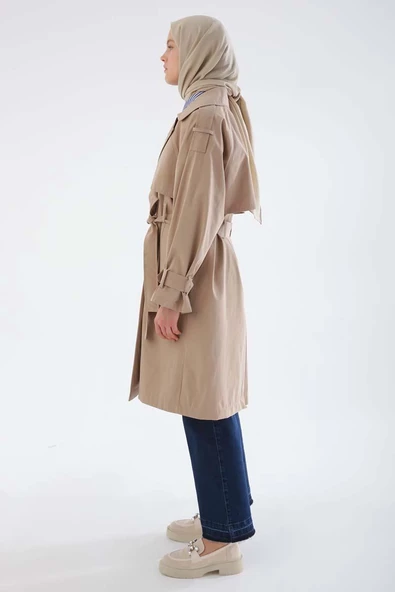 Bej-Kemerli Çıtçıtlı Trençkot - Resim 3
