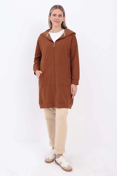Kahve-Fermuarlı Sweat Hırka - 2