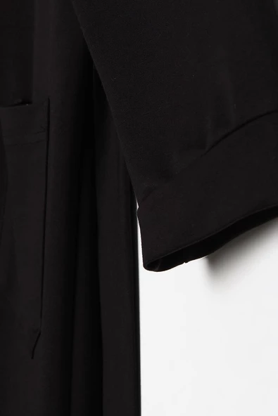 Siyah-Kuşaklı Cepli Bisiklet Yaka Likralı Uzun Hırka - Resim 5