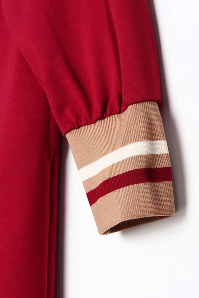 Bordo-Çizgili Ribanalı Ve Renkli Çıtçıtlı Kapüşonlu Likralı Hırka - 6