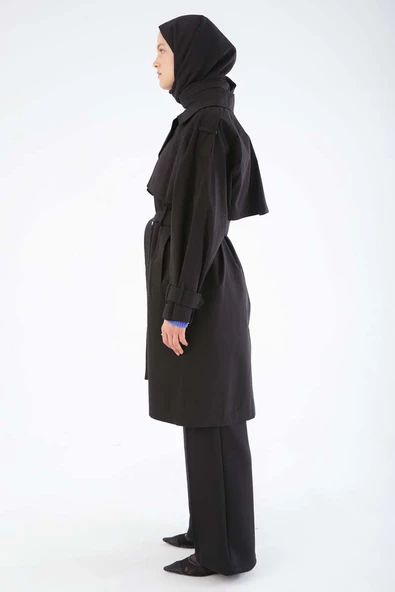 Siyah-Kemerli Çıtçıtlı Trençkot - Resim 3