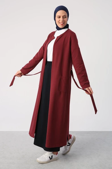 Bordo-Kuşaklı Cepli Bisiklet Yaka Likralı Uzun Hırka - 3