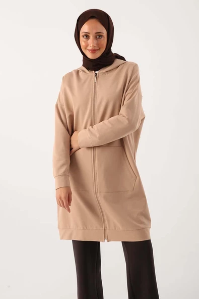 Bej-Fermuarlı Sweat Hırka - 5