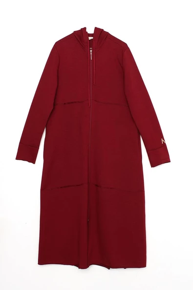 Bordo-Kapüşonlu Fermuarlı Hırka - 9