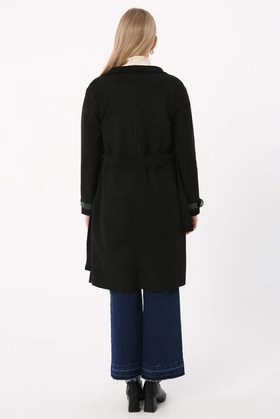 Siyah-Kuşaklı Kolları Detaylı Süet Trençkot - Resim 4