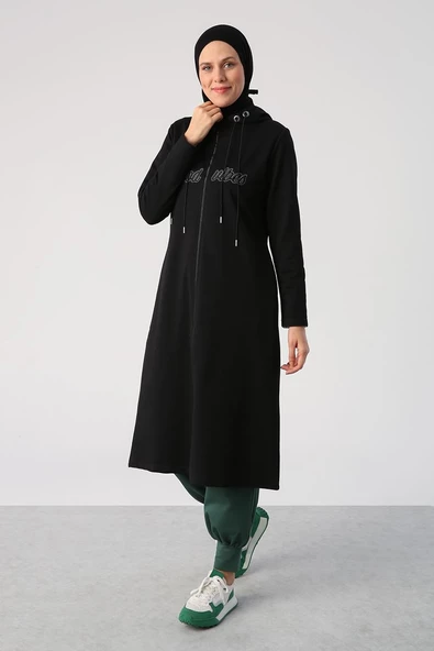 Siyah-Aplike Nakışlı Çift Kordonlu Kapüşonlu Hırka - 3