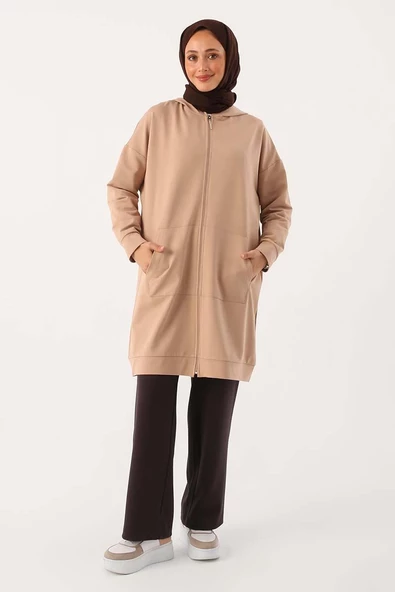 Bej-Fermuarlı Sweat Hırka - 2