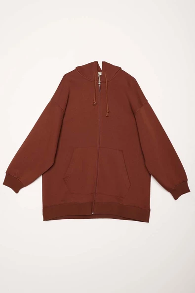 Açık Kahve-Kanguru Cepli Oversize Sweat Hırka - 8