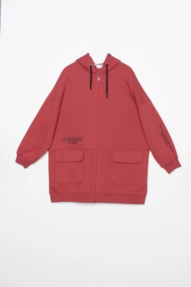 Gül-Cepli Kapüşonlu Oversize Sweat Hırka - 6