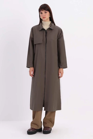 Haki-RÜZGARLIKLI FERMUARLI TRENÇKOT - Resim 2
