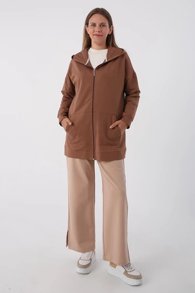Kahve-Fermuarlı Sweat Hırka - 2