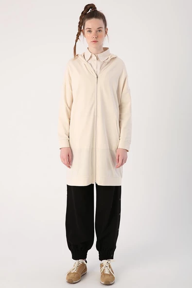 Ekru-Fermuarlı Sweat Hırka - 2