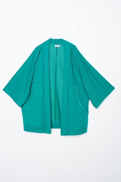 Zümrüt-Yarasa Kollu Likralı Oversize Kimono - 6