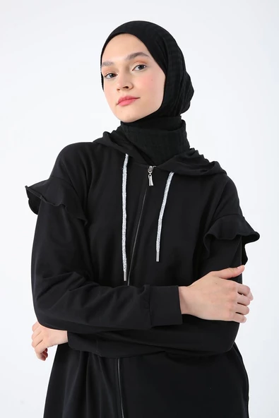 Siyah-Omuz Volanlı Kapüşonlu Fermuarlı Likralı Hırka - 5