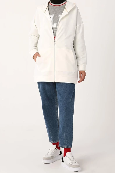 Ekru-Fermuarlı Sweat Hırka - 2