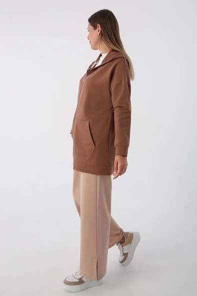 Kahve-Fermuarlı Sweat Hırka - 3
